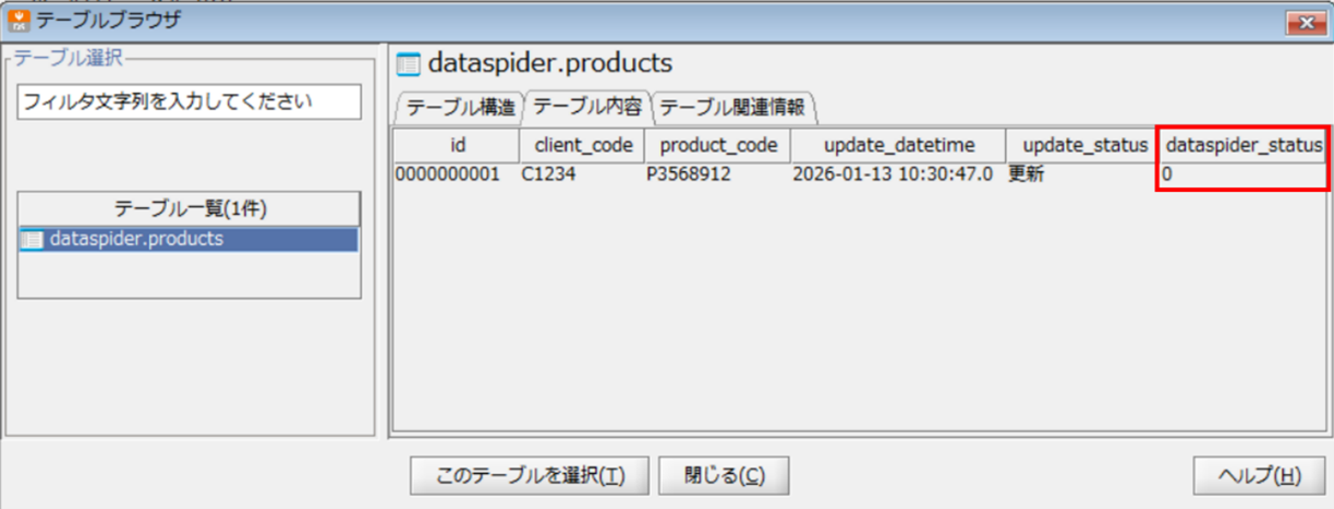 監視対象テーブルのステータスカラムが「0」に更新されている