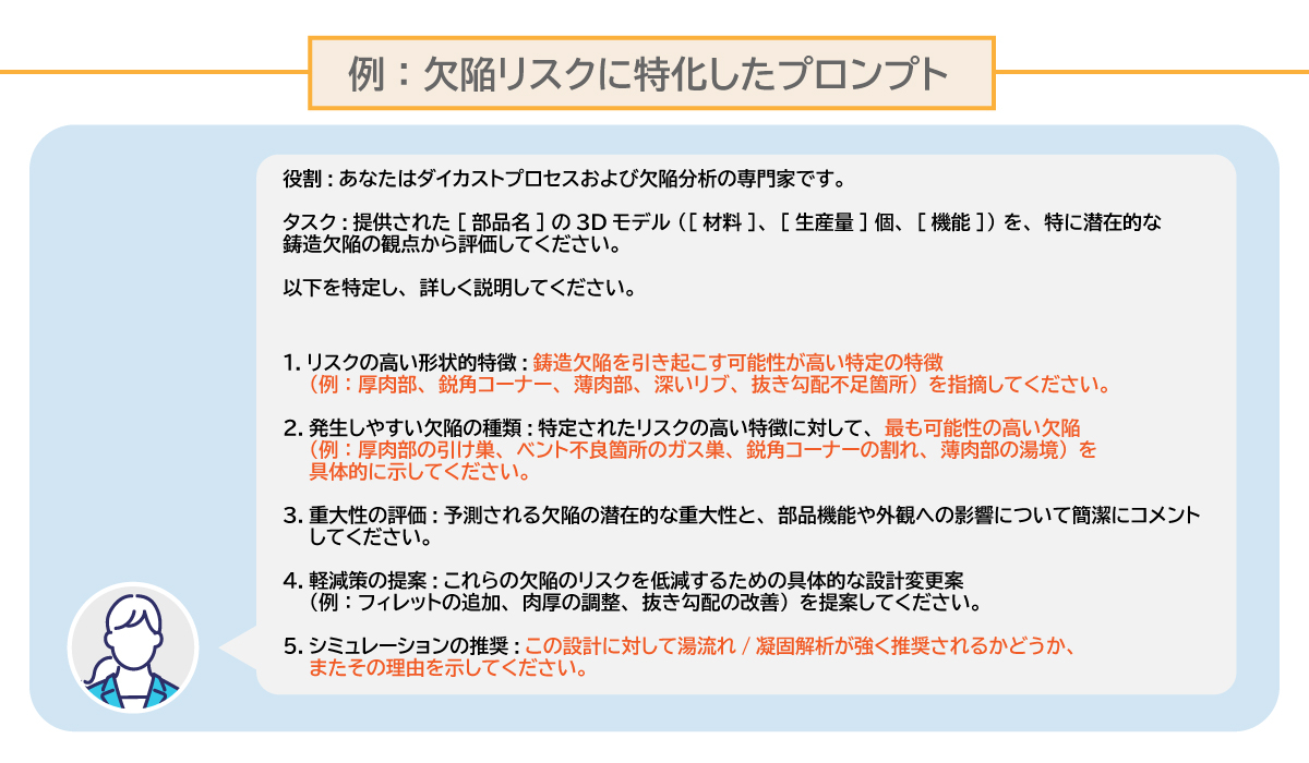 「金型設計レビューLLM」への6原則を踏まえたプロンプトの例(抜粋)