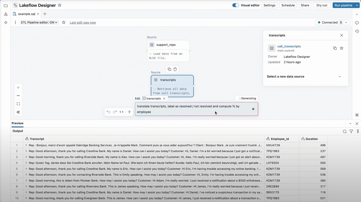 自然言語でデータパイプラインの作成指示をしている様子