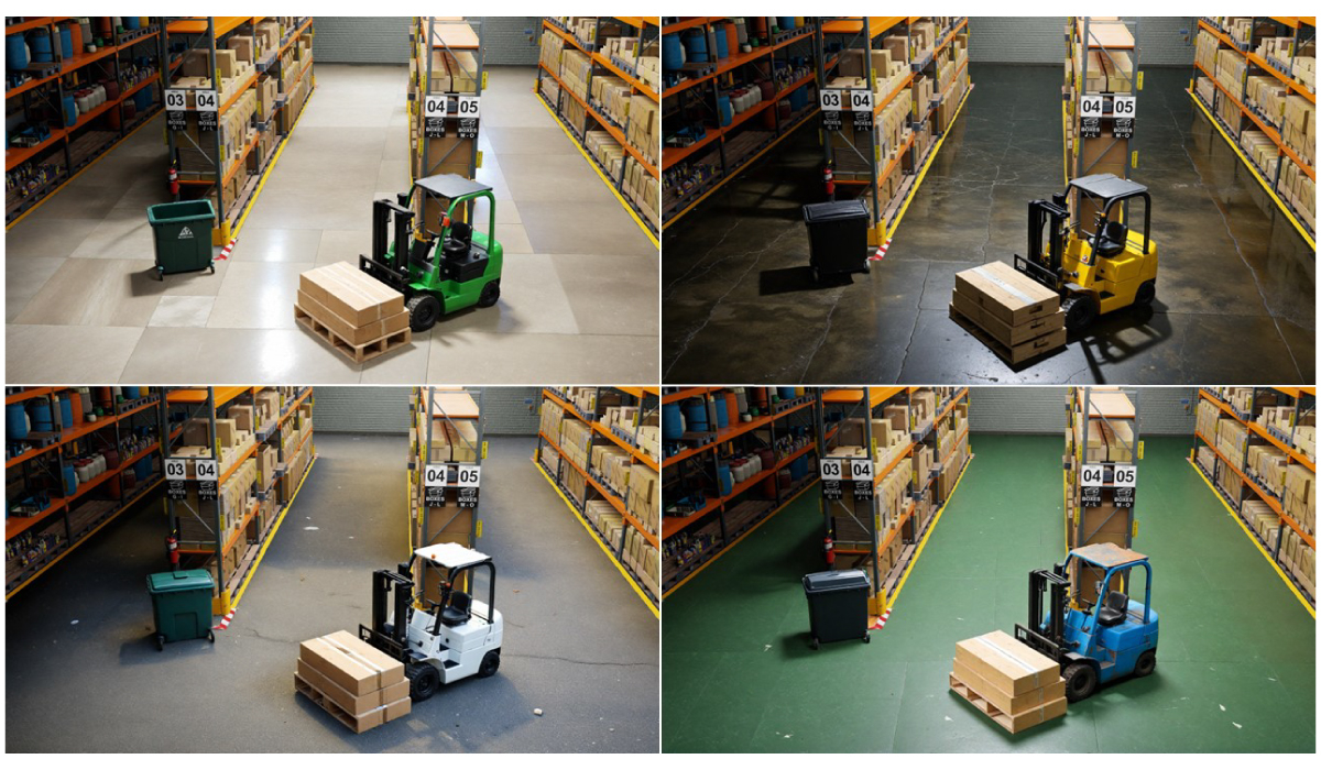さまざまな種類の床材とフォークリフトの合成画像（出典：NVIDIA）