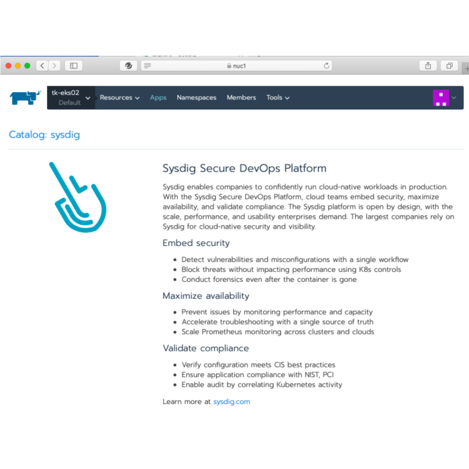 Rancher 2.3.3を用いてAWS EKS 上でSysdig Secure DevOps Platformを利用する